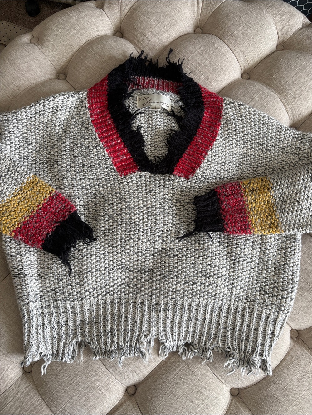 Vintage Havana Gray Chunky V-Neck Sweater with Red, Black and Mustard Accents